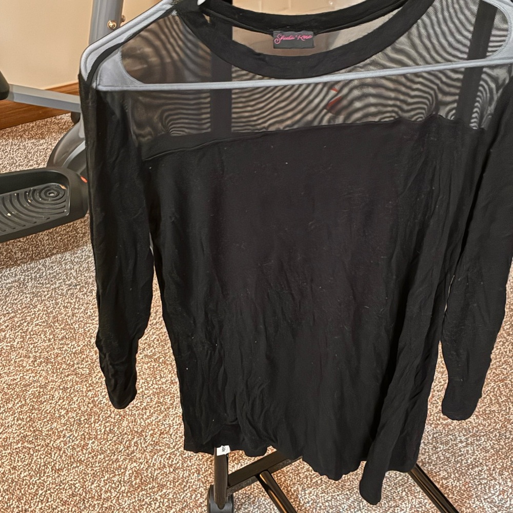Black knit top with shear mesh yoke